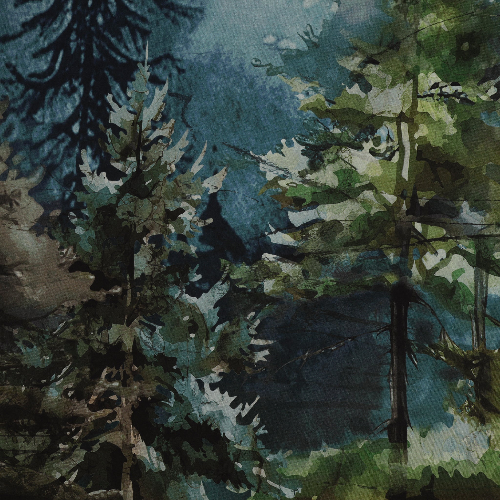 Altitude 108" Quilt Backing - Watercolor forest with green and blue evergreen trees NCB29154-43