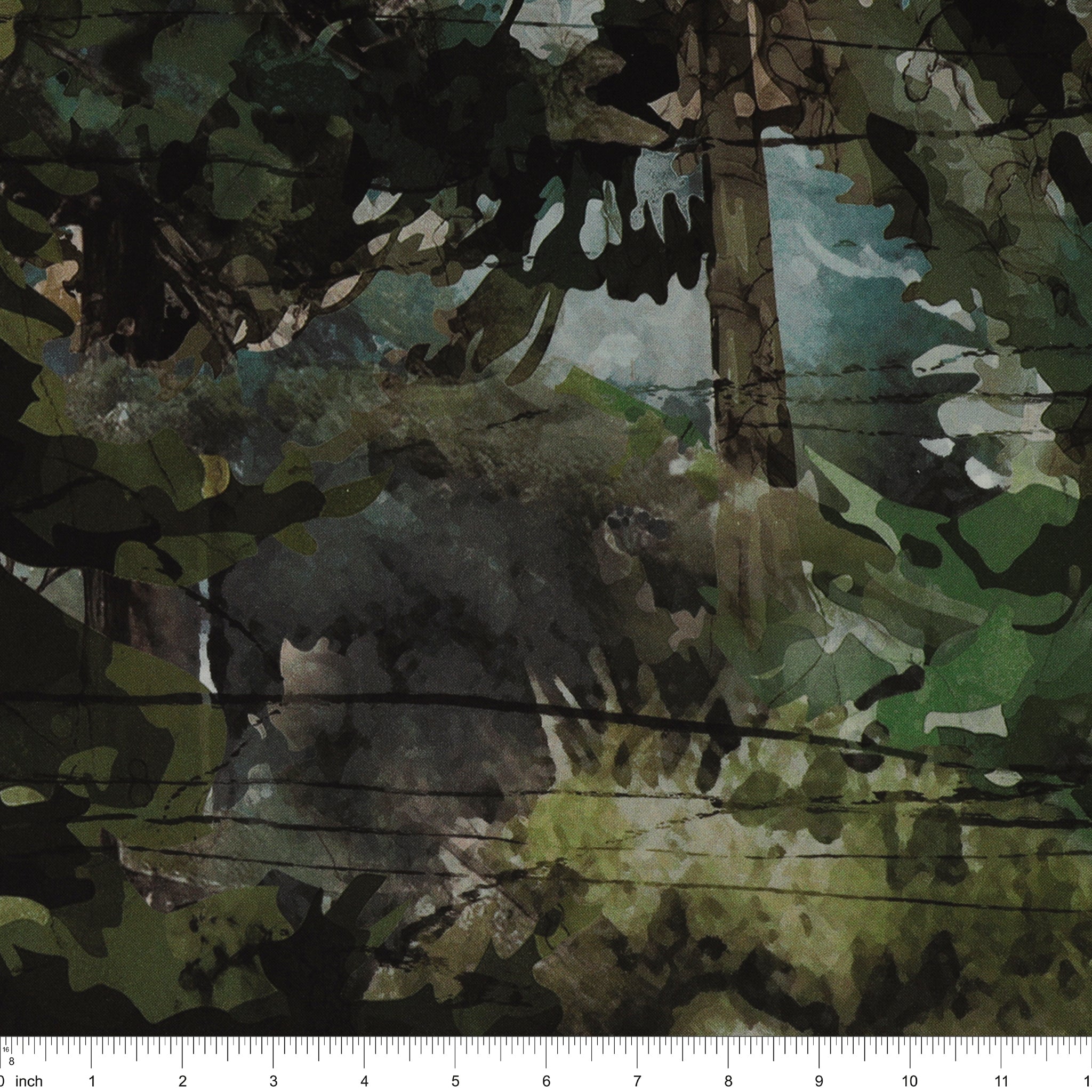 Altitude 108" Quilt Backing - Dark forest with layered green foliage, tree trunks, and watercolor details NCB29154-43 with ruler for size