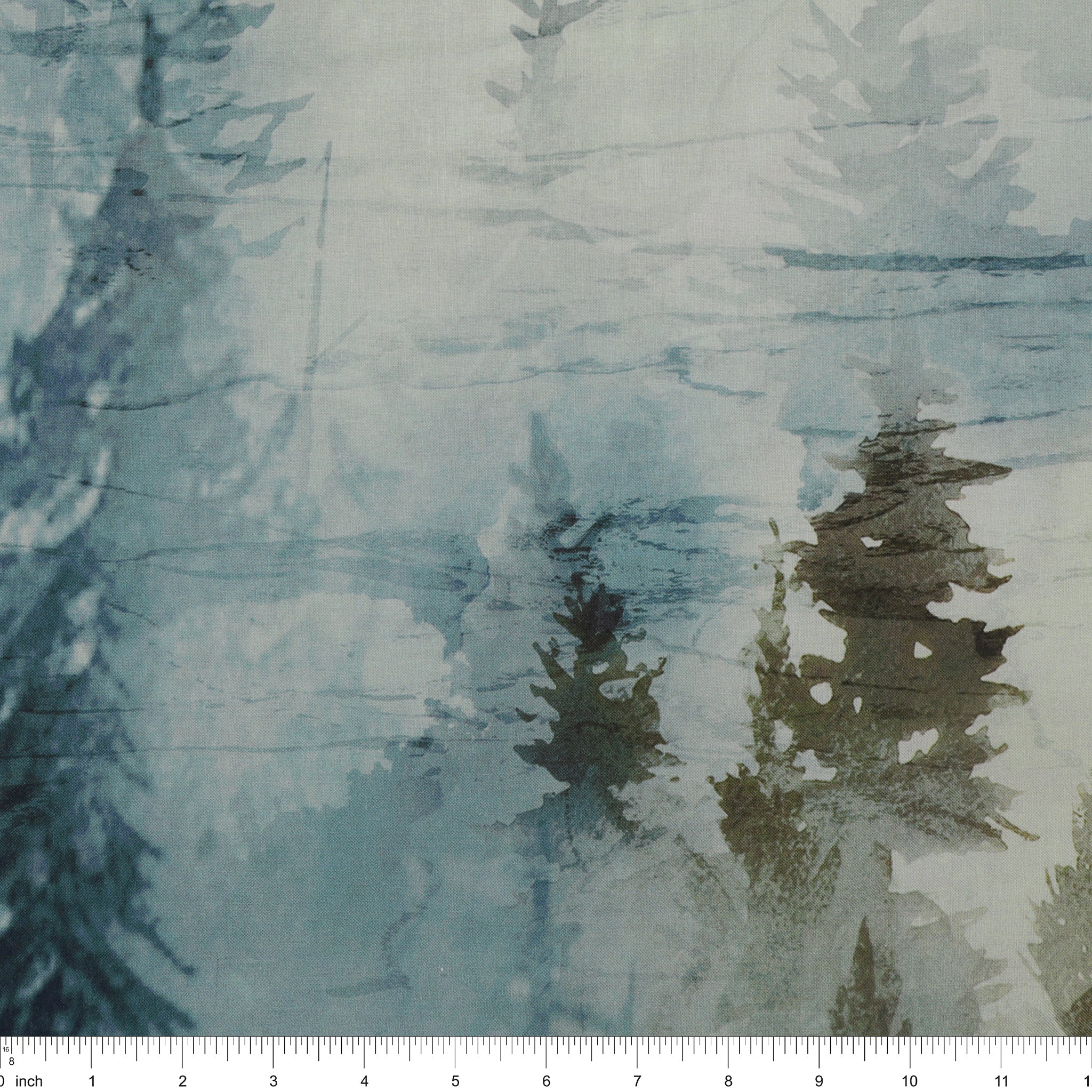Altitude 108" Quilt Backing - Pale blue forest with misty evergreen trees and soft watercolor texture NCB29154-43 with ruler for size