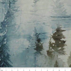 Altitude 108" Quilt Backing - Pale blue forest with misty evergreen trees and soft watercolor texture NCB29154-43 with ruler for size