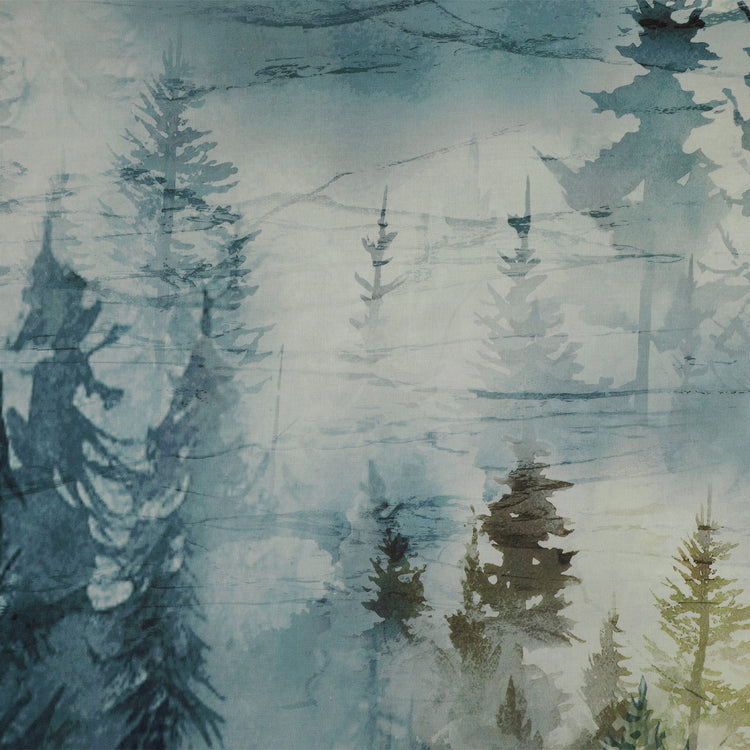 Altitude 108" Quilt Backing - Pale blue forest with misty evergreen trees and soft watercolor texture NCB29154-43