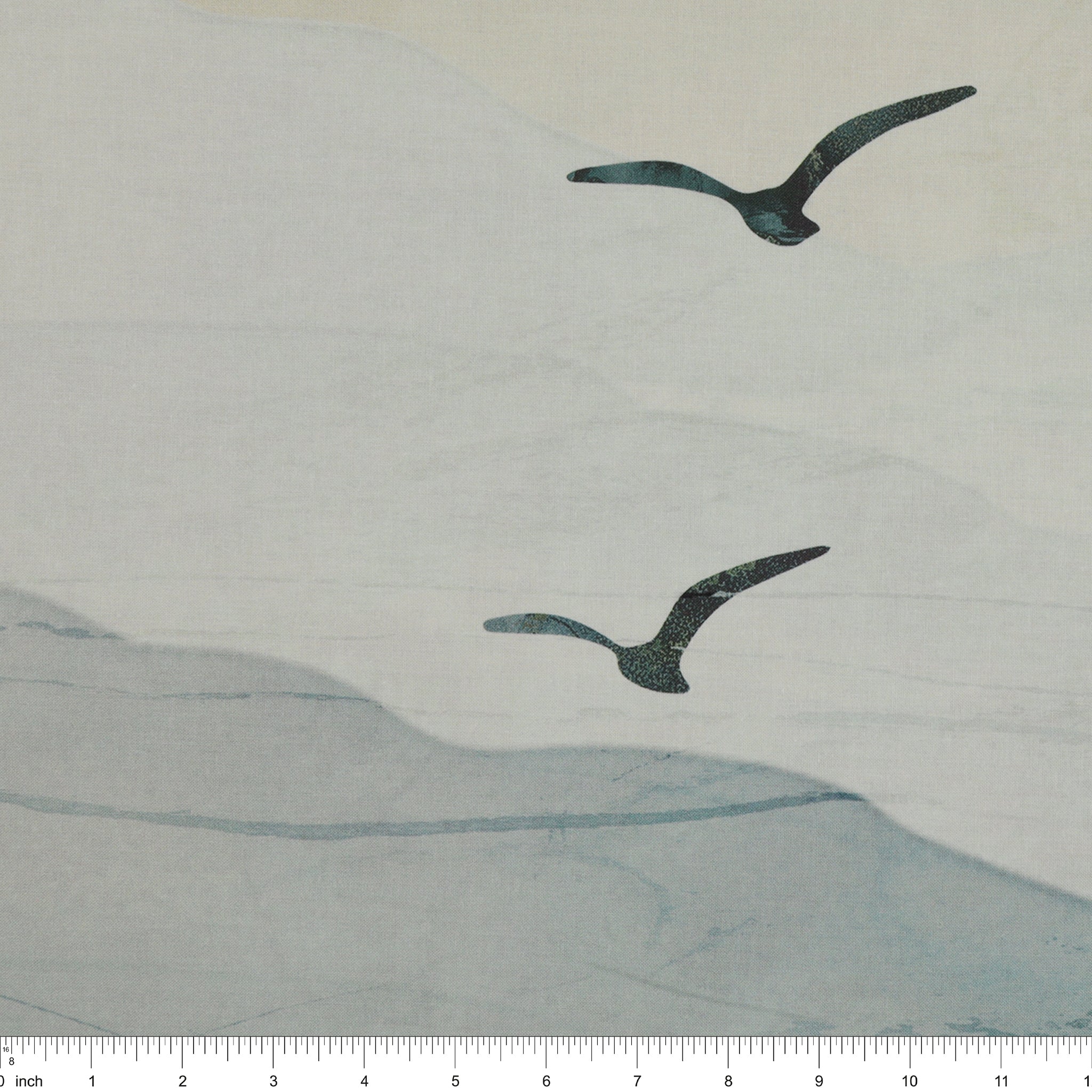 Altitude 108" Quilt Backing - flying birds and soft blue-gray watercolor mountains NCB29154-43 with ruler for size