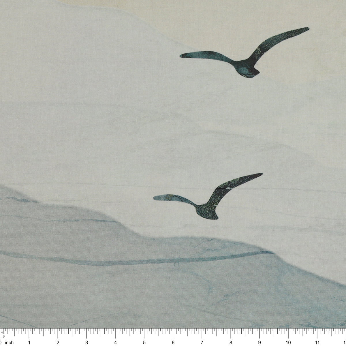 Altitude 108" Quilt Backing - flying birds and soft blue-gray watercolor mountains NCB29154-43 with ruler for size