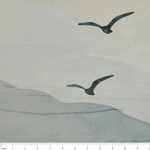 Altitude 108" Quilt Backing - flying birds and soft blue-gray watercolor mountains NCB29154-43 with ruler for size