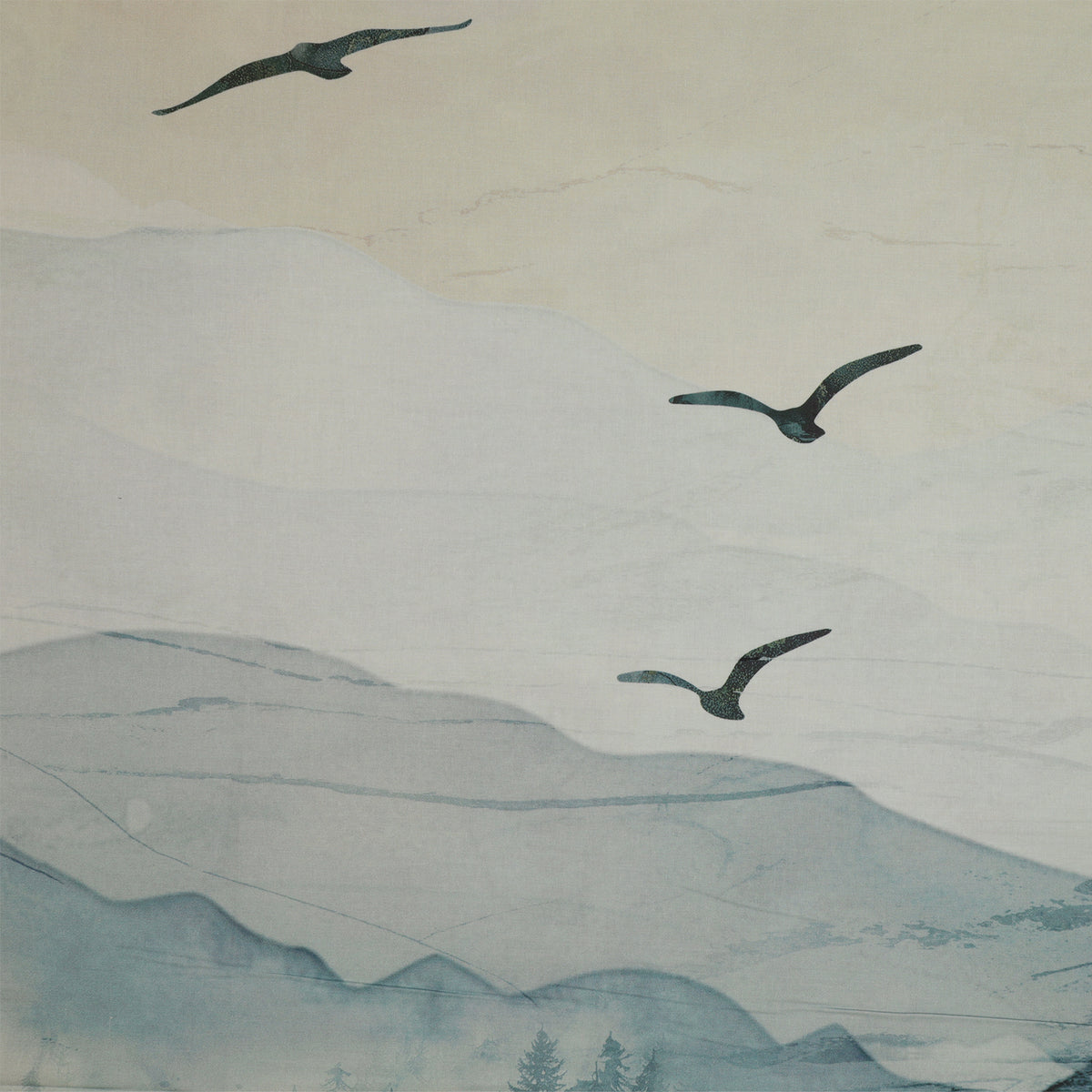 Altitude 108" Quilt Backing - flying birds and soft blue-gray watercolor mountains NCB29154-43