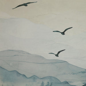 Altitude 108" Quilt Backing - flying birds and soft blue-gray watercolor mountains NCB29154-43