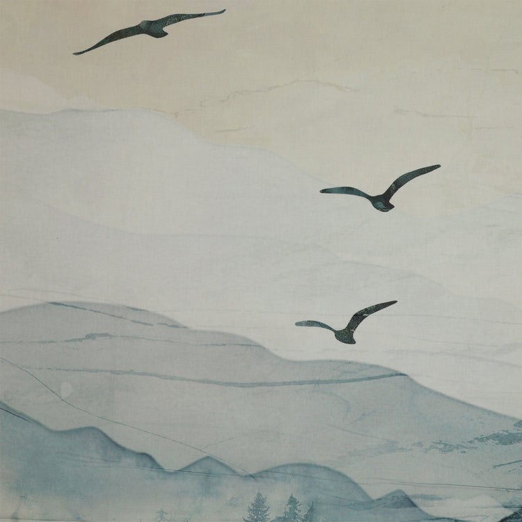 Altitude 108" Quilt Backing - flying birds and soft blue-gray watercolor mountains NCB29154-43