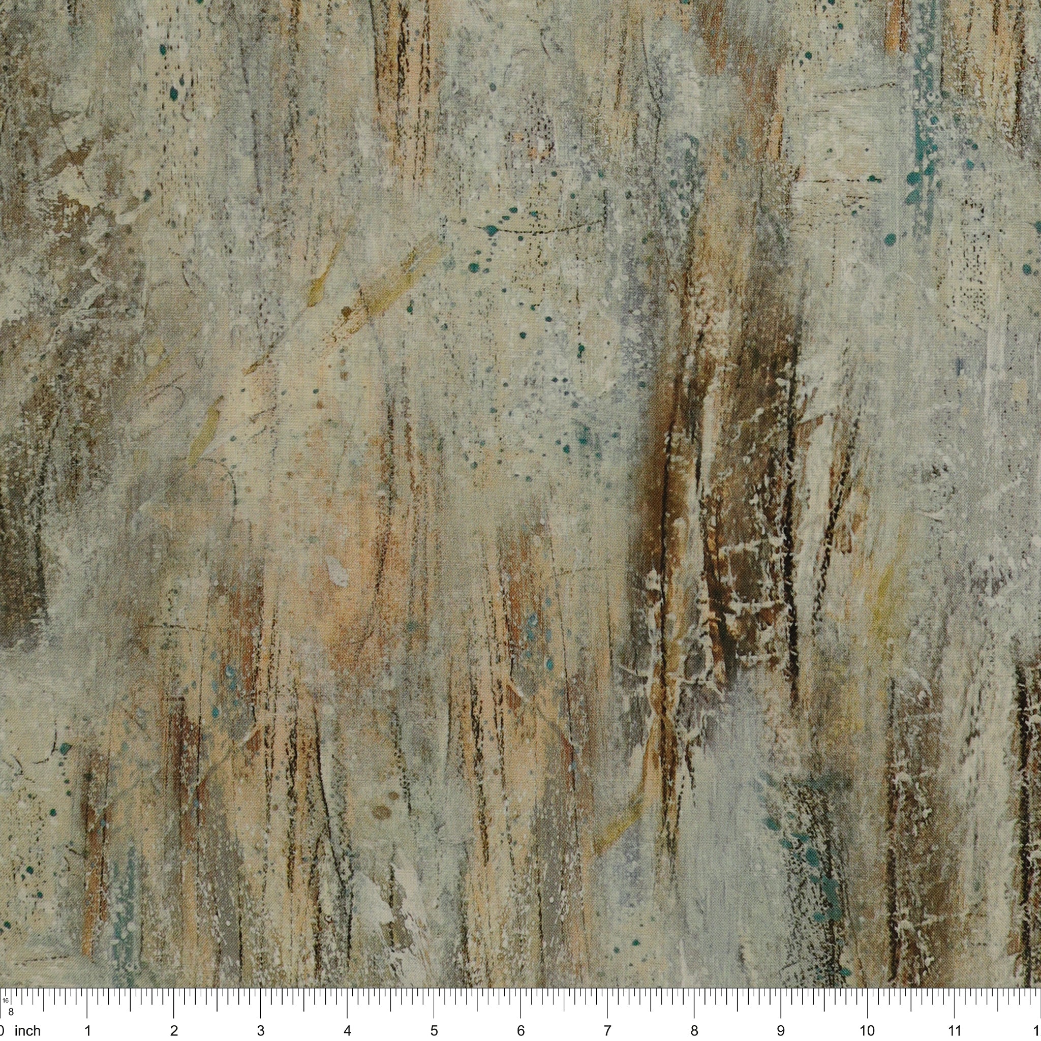 Shadow & Light Fabric Collection Lt Brown Multi backing fabric with ruler for scale beige, gray, brown, and teal brushstroke print NCB29224-32