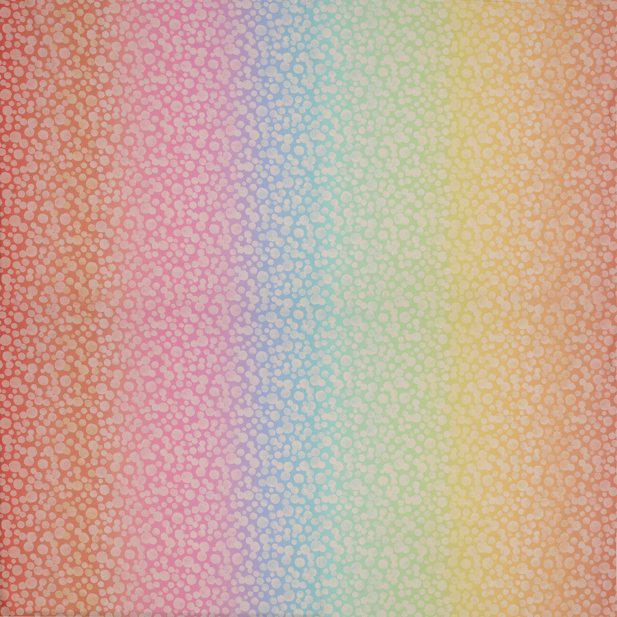 Bumbleberries Pastel Rainbow fabric featuring soft white watercolor-style dots in varying sizes over a gentle gradient of pink, lavender, baby blue, mint green, and pale yellow.