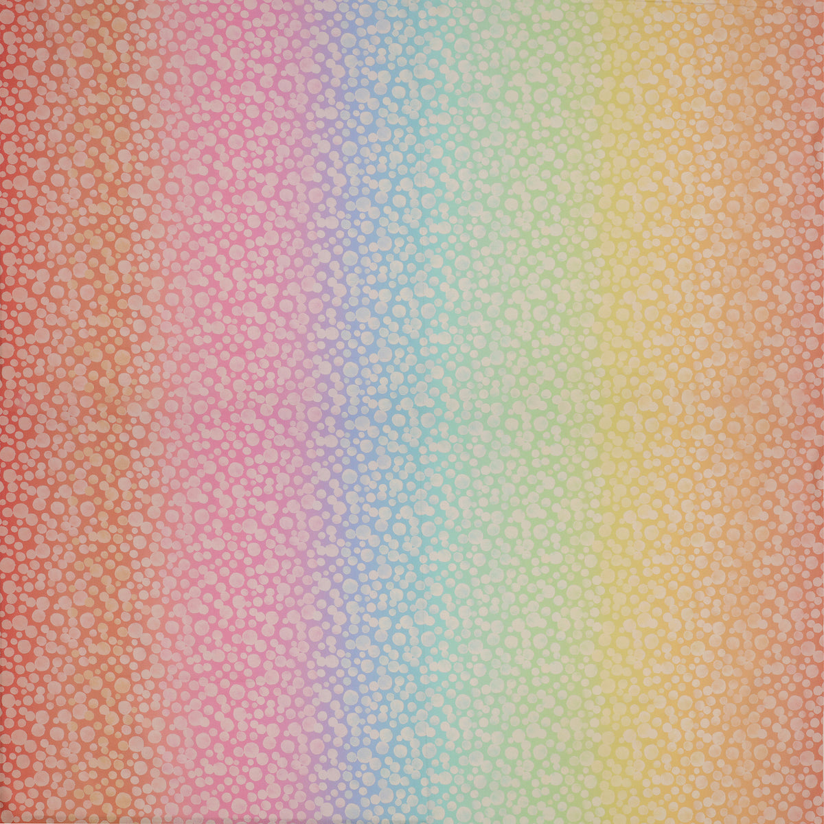 Bumbleberries Pastel Rainbow fabric featuring soft white watercolor-style dots in varying sizes over a gentle gradient of pink, lavender, baby blue, mint green, and pale yellow.