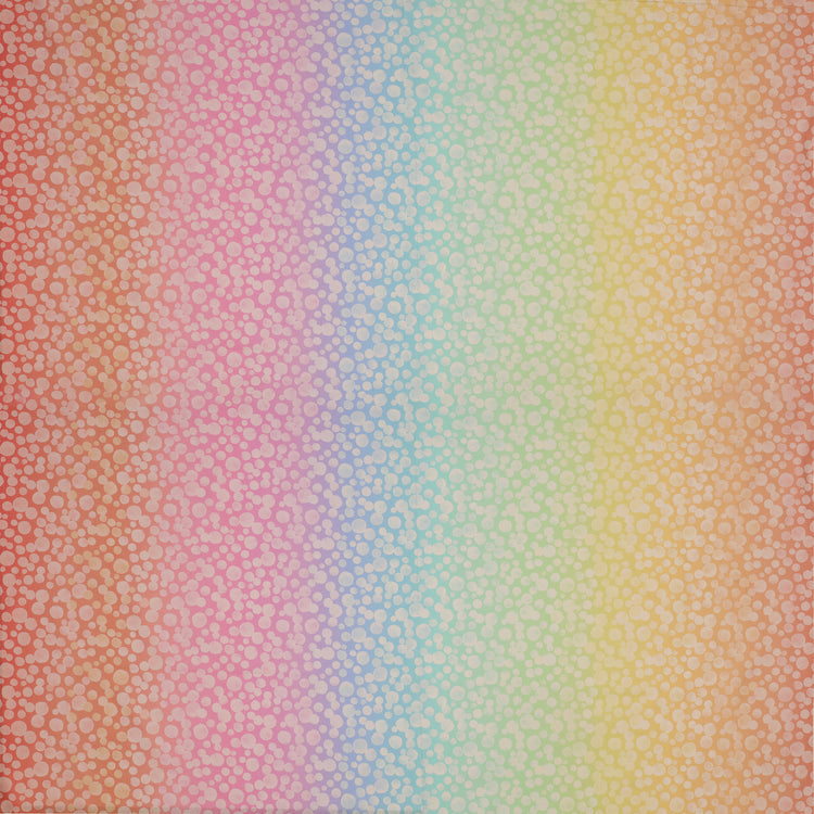 Bumbleberries Pastel Rainbow fabric featuring soft white watercolor-style dots in varying sizes over a gentle gradient of pink, lavender, baby blue, mint green, and pale yellow.