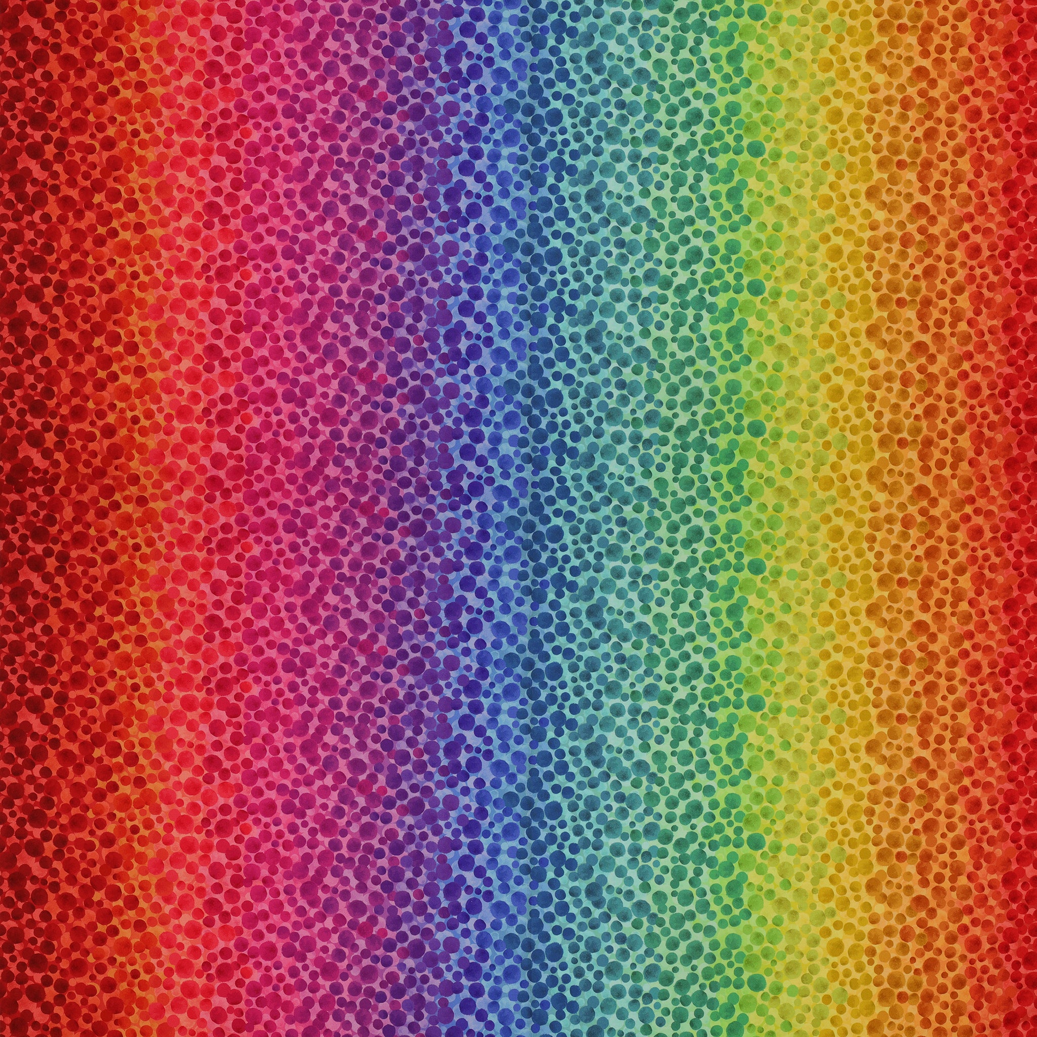 Bumbleberries Rainbow fabric featuring scattered watercolor-style dots in varying sizes over a vibrant gradient of pink, purple, royal blue, turquoise, and green.