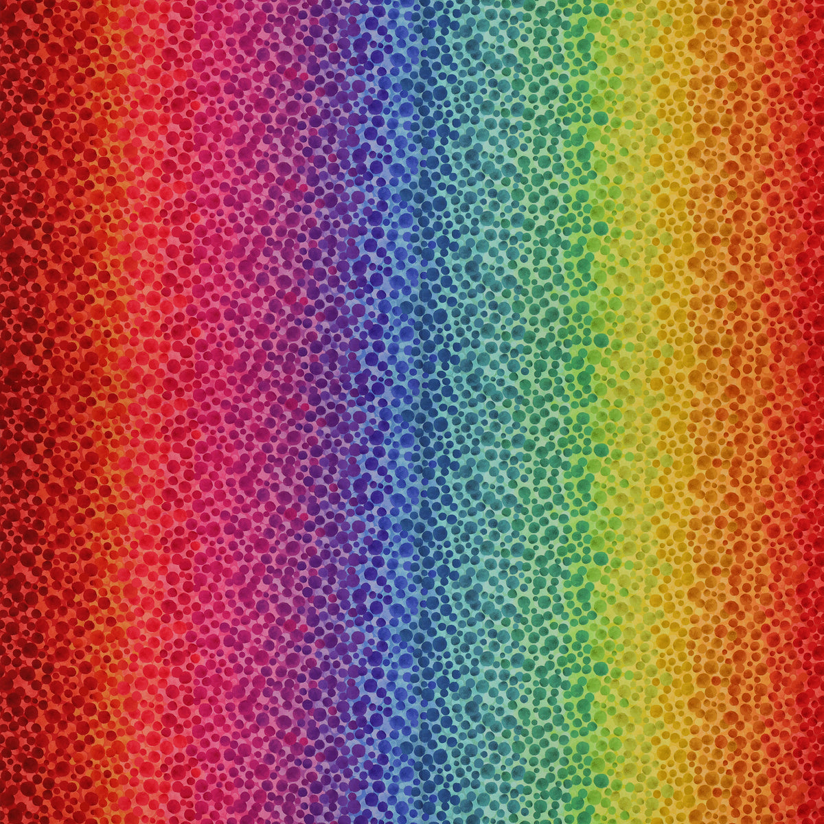 Bumbleberries Rainbow fabric featuring scattered watercolor-style dots in varying sizes over a vibrant gradient of pink, purple, royal blue, turquoise, and green.