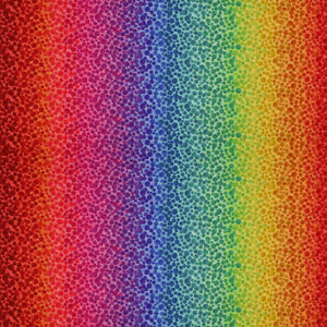 Bumbleberries Rainbow fabric featuring scattered watercolor-style dots in varying sizes over a vibrant gradient of pink, purple, royal blue, turquoise, and green.