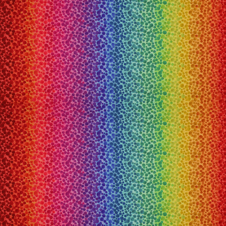Bumbleberries Rainbow fabric featuring scattered watercolor-style dots in varying sizes over a vibrant gradient of pink, purple, royal blue, turquoise, and green.