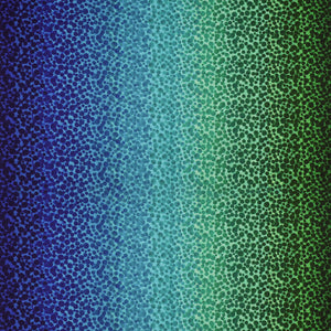 Bumbleberries Ocean fabric featuring densely scattered watercolor-style dots transitioning from deep navy and royal blue to turquoise, teal, and rich green.