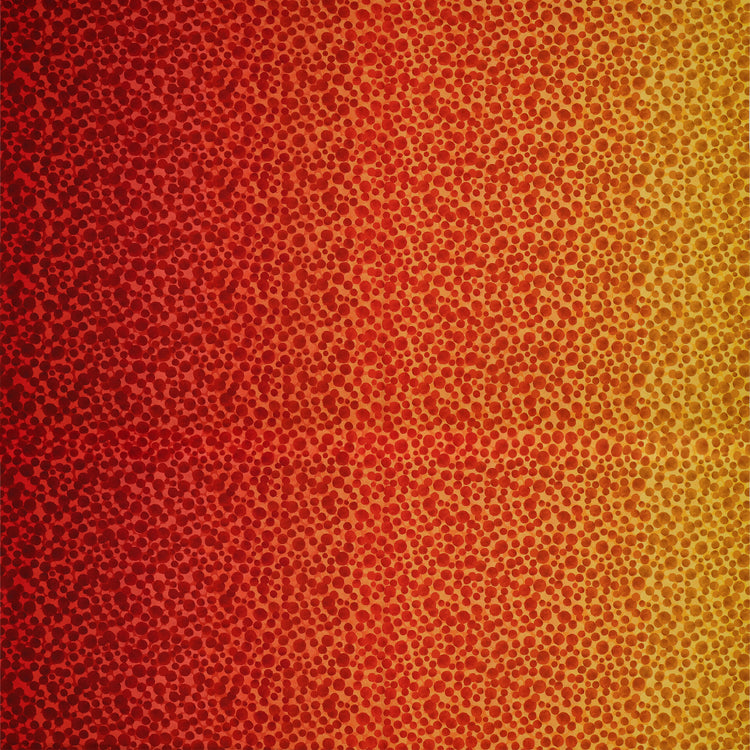 Bumbleberries Flame fabric featuring densely scattered red, orange, and golden yellow dots with a fiery ombre gradient.