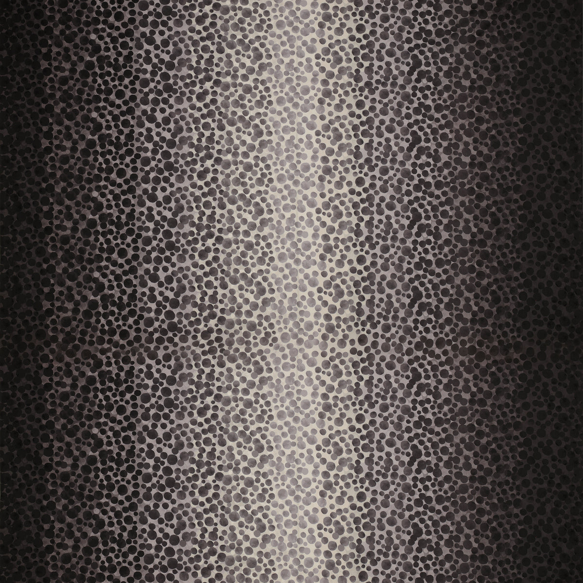 Bumbleberries Black to White fabric featuring scattered watercolor-style dots in black, charcoal, and gray on a light background.