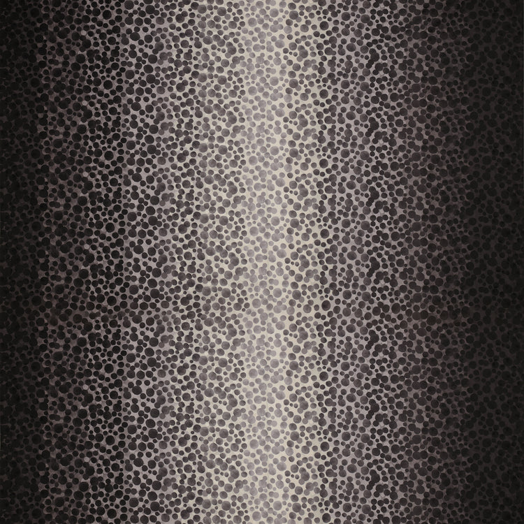 Bumbleberries Black to White fabric featuring scattered watercolor-style dots in black, charcoal, and gray on a light background.