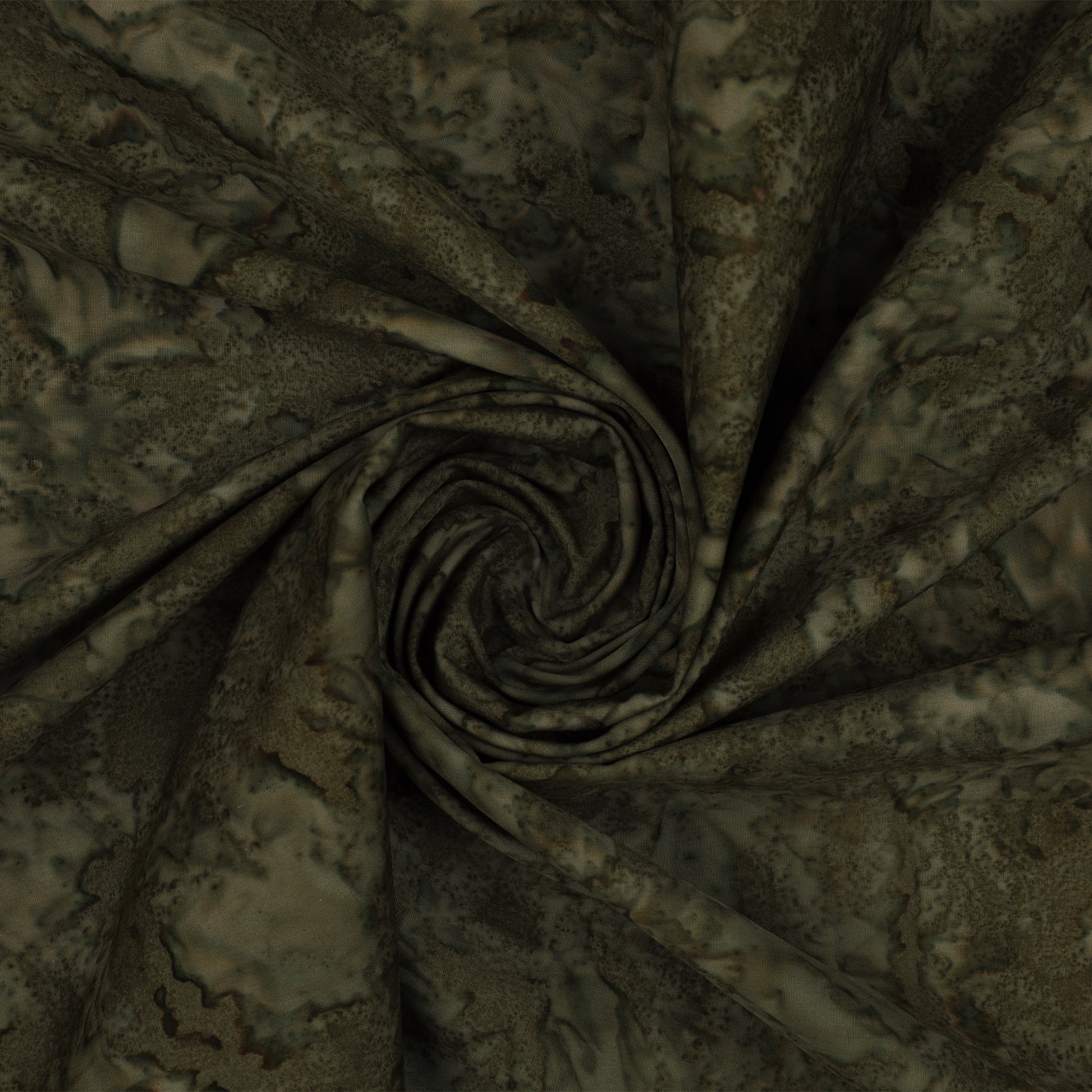 A close-up of draped fabric with an abstract marbled or mottled pattern in dark olive green, brown, and beige tones, arranged in a spiral fold.