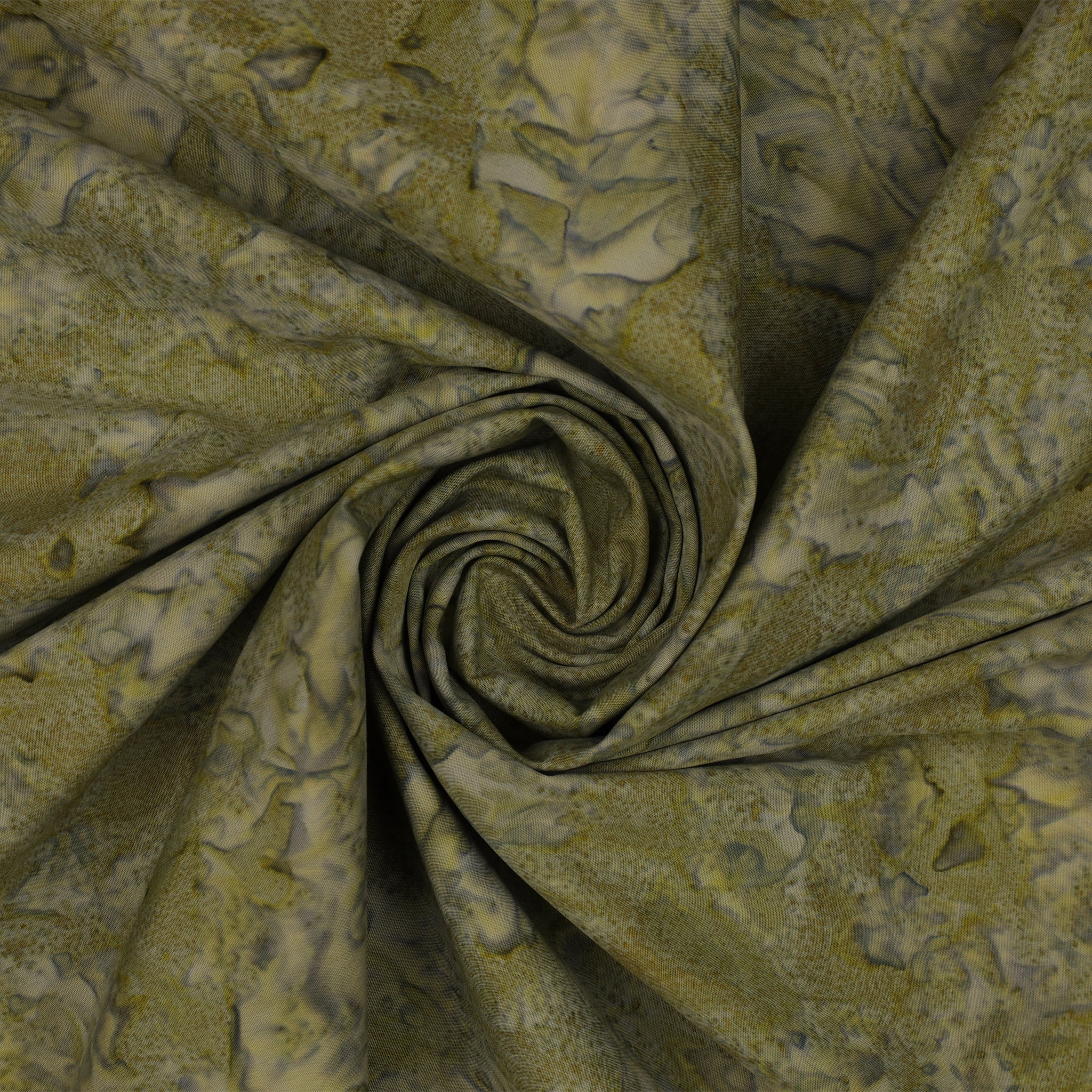 A close-up of patterned fabric arranged in a spiral drape, showing a mottled olive green, tan, and gray design.