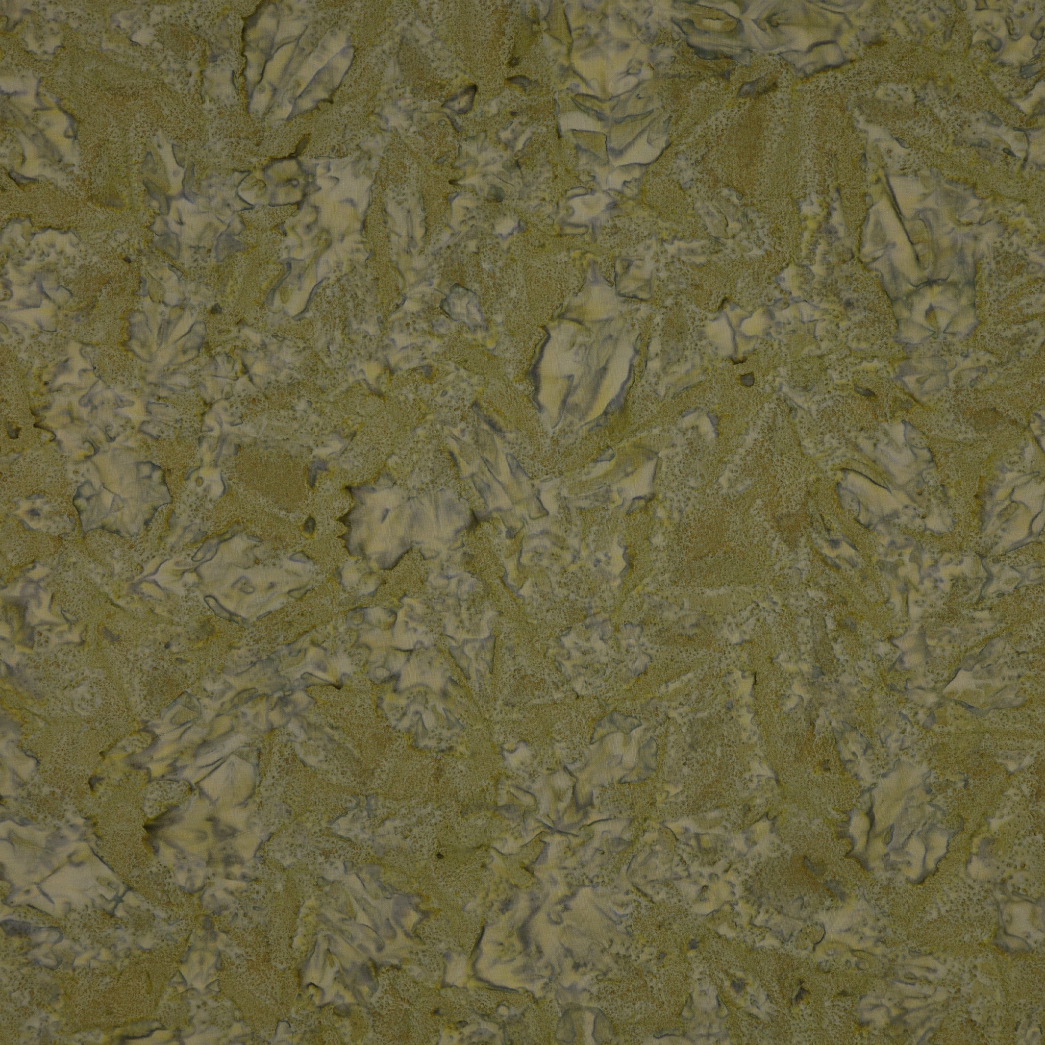 A close-up of fabric with an organic, marbled pattern in olive green, beige, and gray tones.