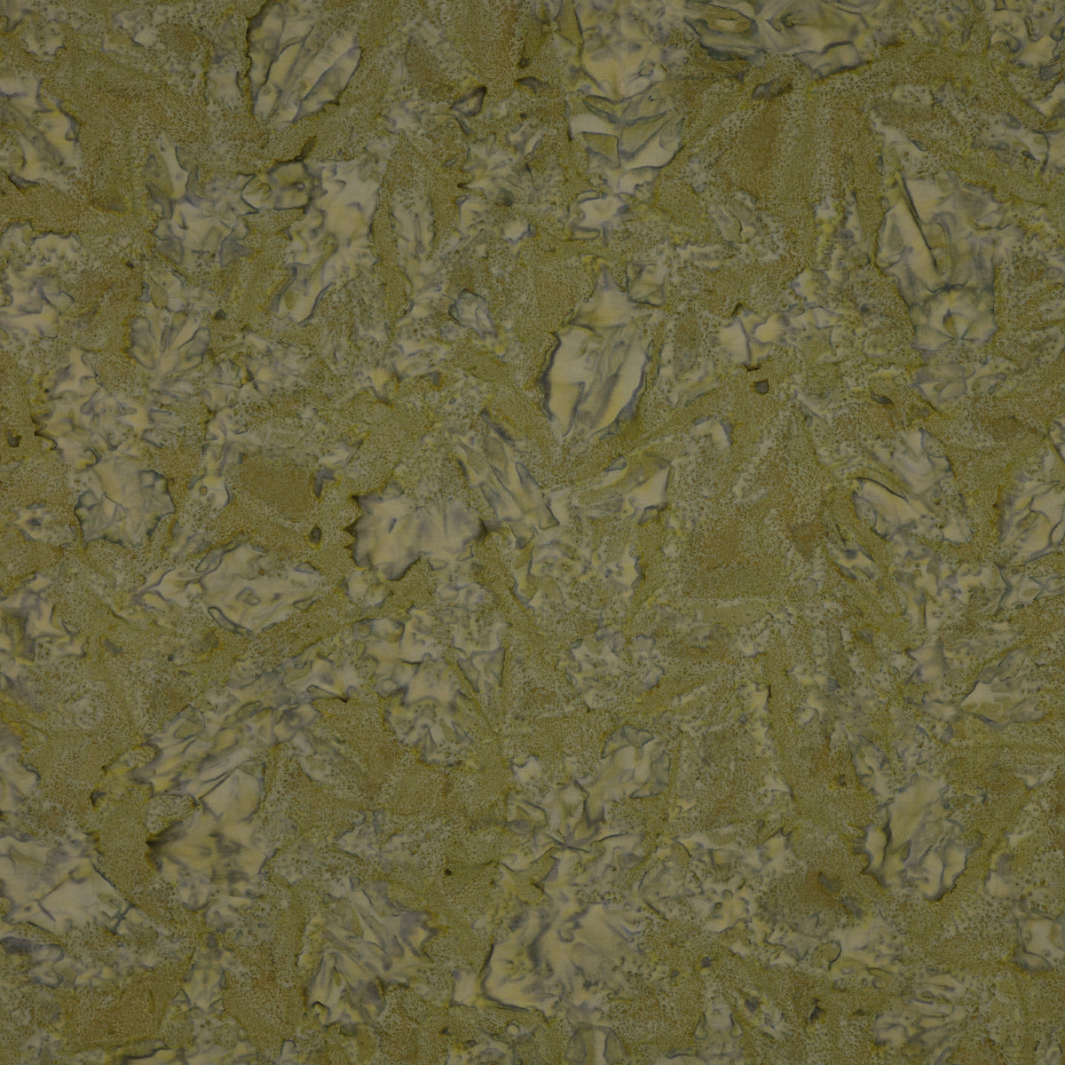 A close-up of fabric with an organic, marbled pattern in olive green, beige, and gray tones.