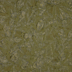 A close-up of fabric with an organic, marbled pattern in olive green, beige, and gray tones.