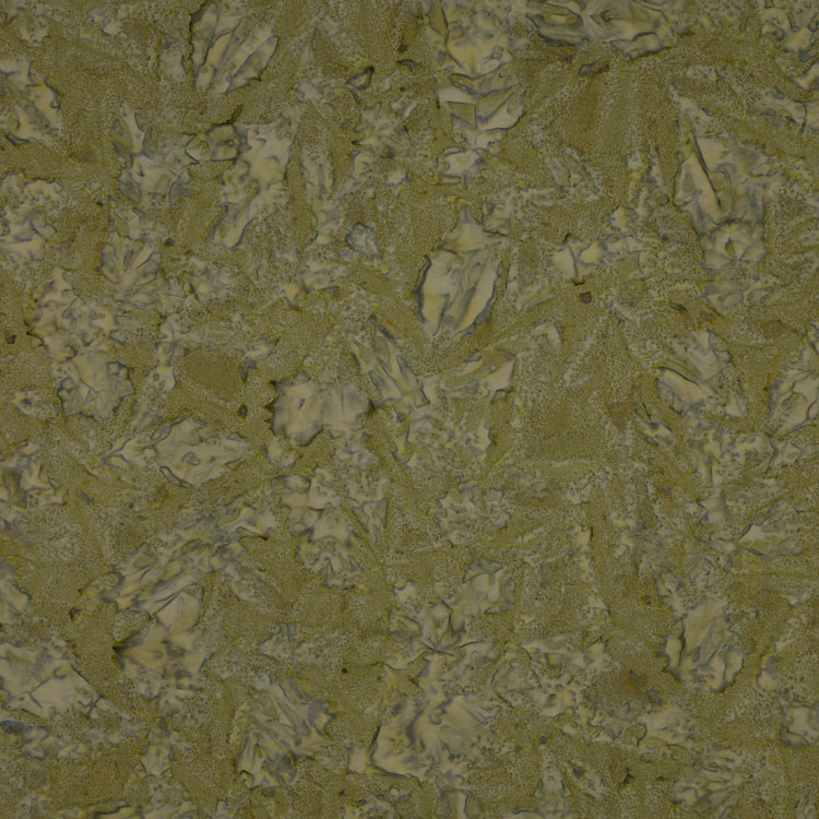 A close-up of fabric with an organic, marbled pattern in olive green, beige, and gray tones.