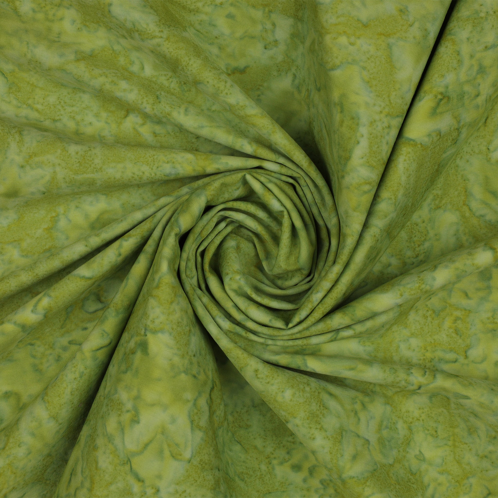 A close-up of olive green fabric with a marbled or mottled lighter yellow-green pattern, arranged in a spiral drape.