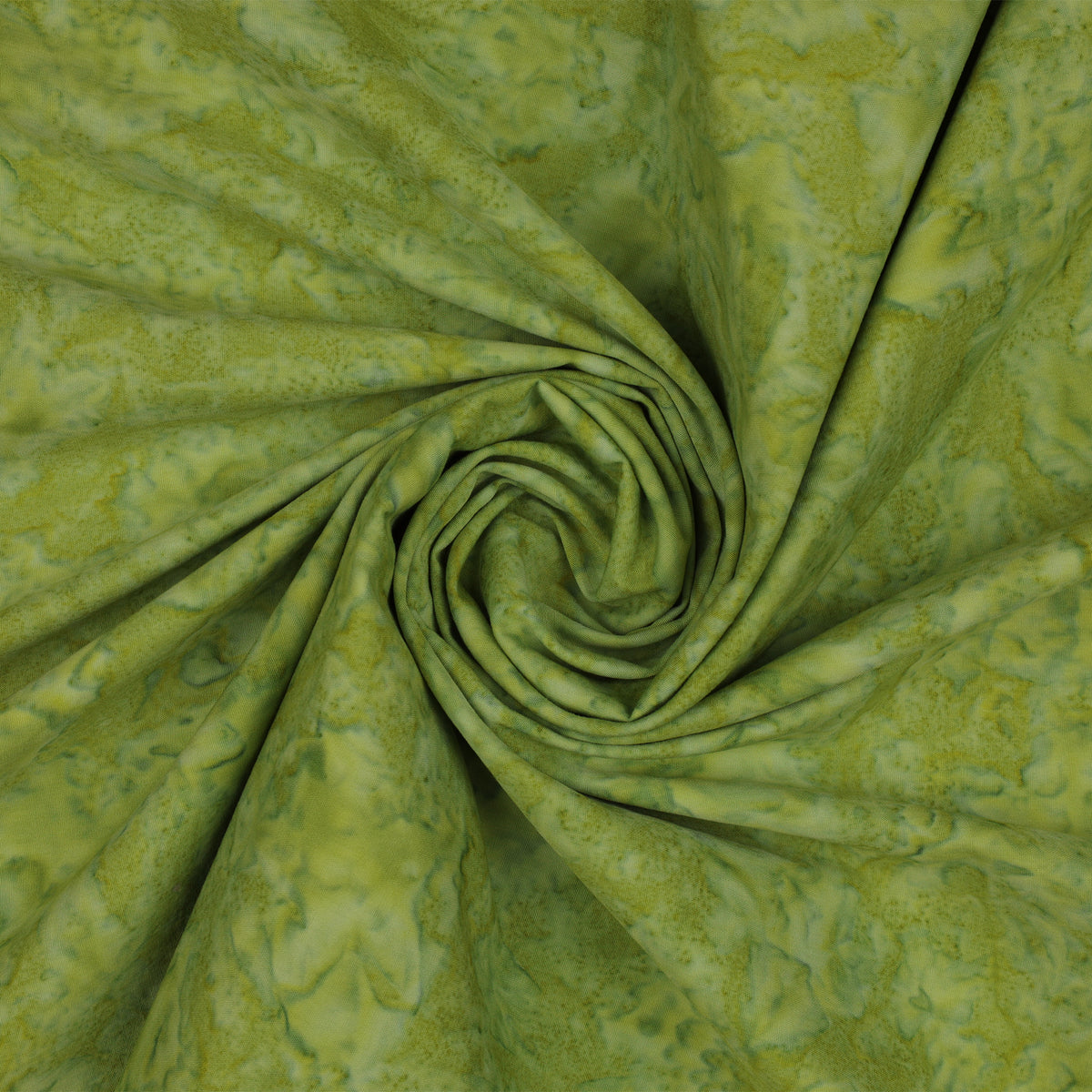 A close-up of olive green fabric with a marbled or mottled lighter yellow-green pattern, arranged in a spiral drape.