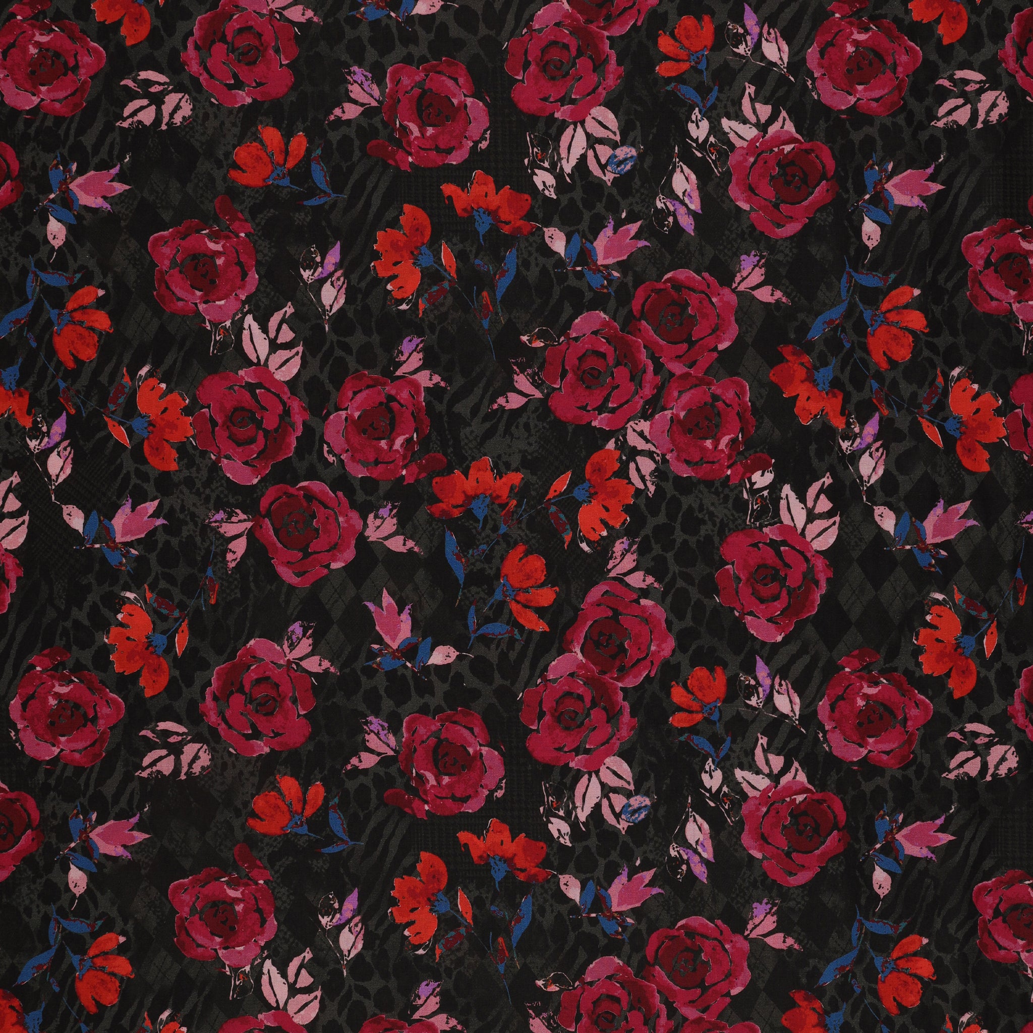 Grunge Gone Glam Fabric Collection - Sweet Jane Rose Noir in Lawn: magenta roses with small red-orange blossoms and blue leaves on a black mixed print background BX17340L-26