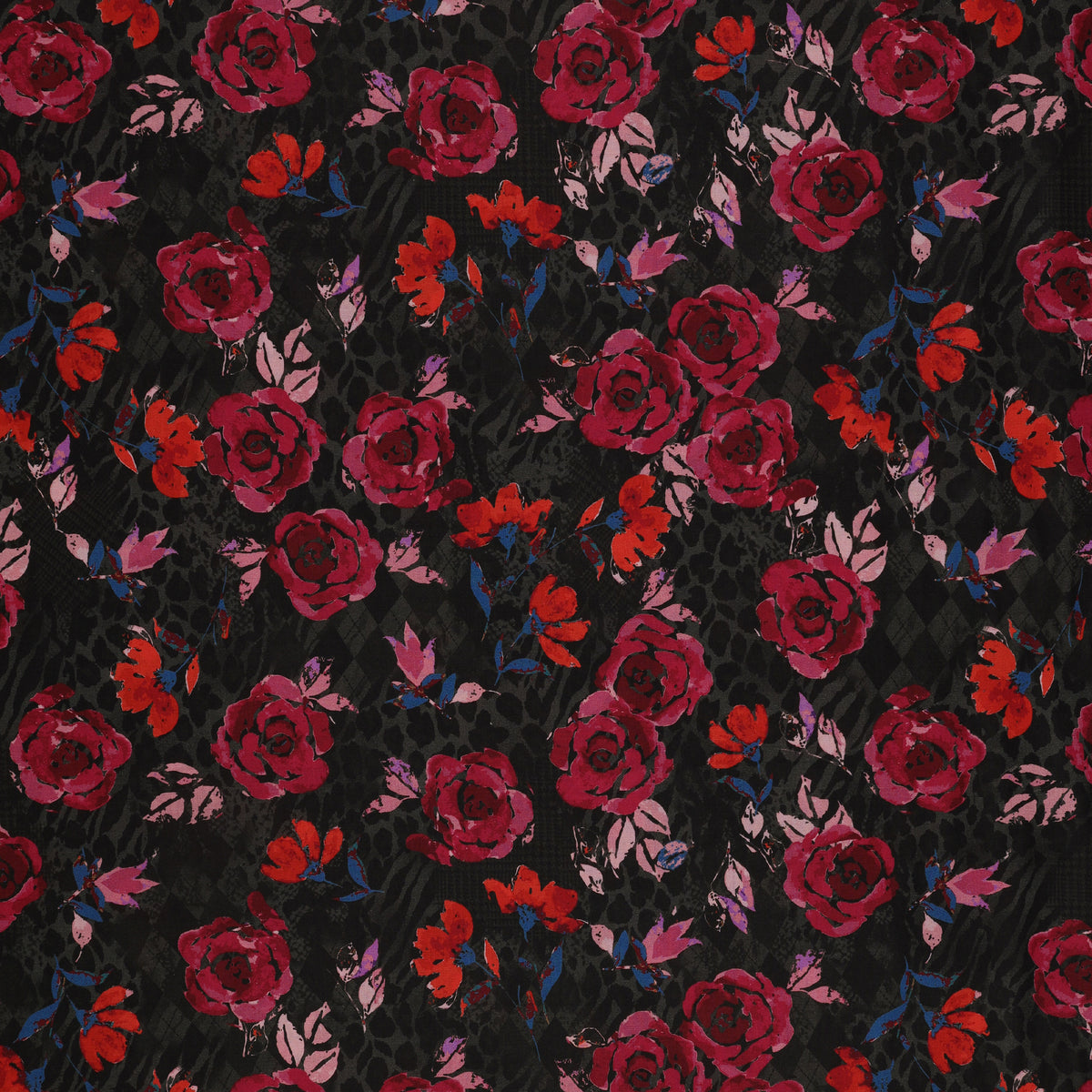 Grunge Gone Glam Fabric Collection - Sweet Jane Rose Noir in Lawn: magenta roses with small red-orange blossoms and blue leaves on a black mixed print background BX17340L-26