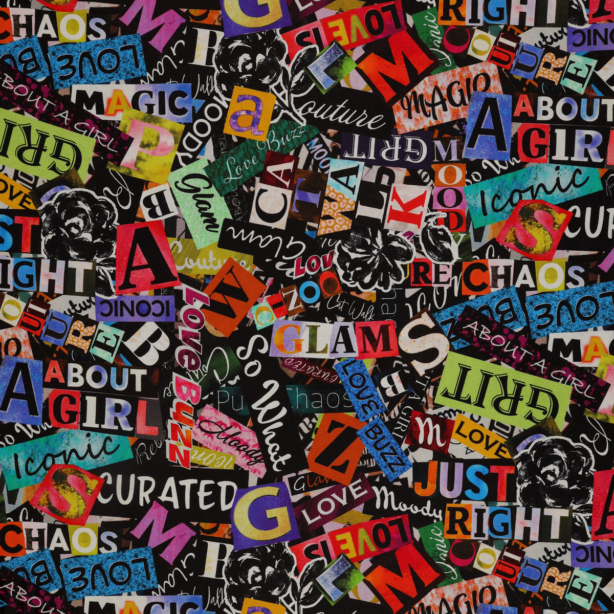 Grunge Gone Glam Fabric Collection - Fashionably Loud Color Splash: A dense collage pattern of colorful cutout-style lettering and graphic elements BX17341-99