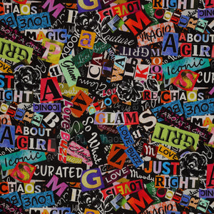 Grunge Gone Glam Fabric Collection - Fashionably Loud Color Splash: A dense collage pattern of colorful cutout-style lettering and graphic elements BX17341-99