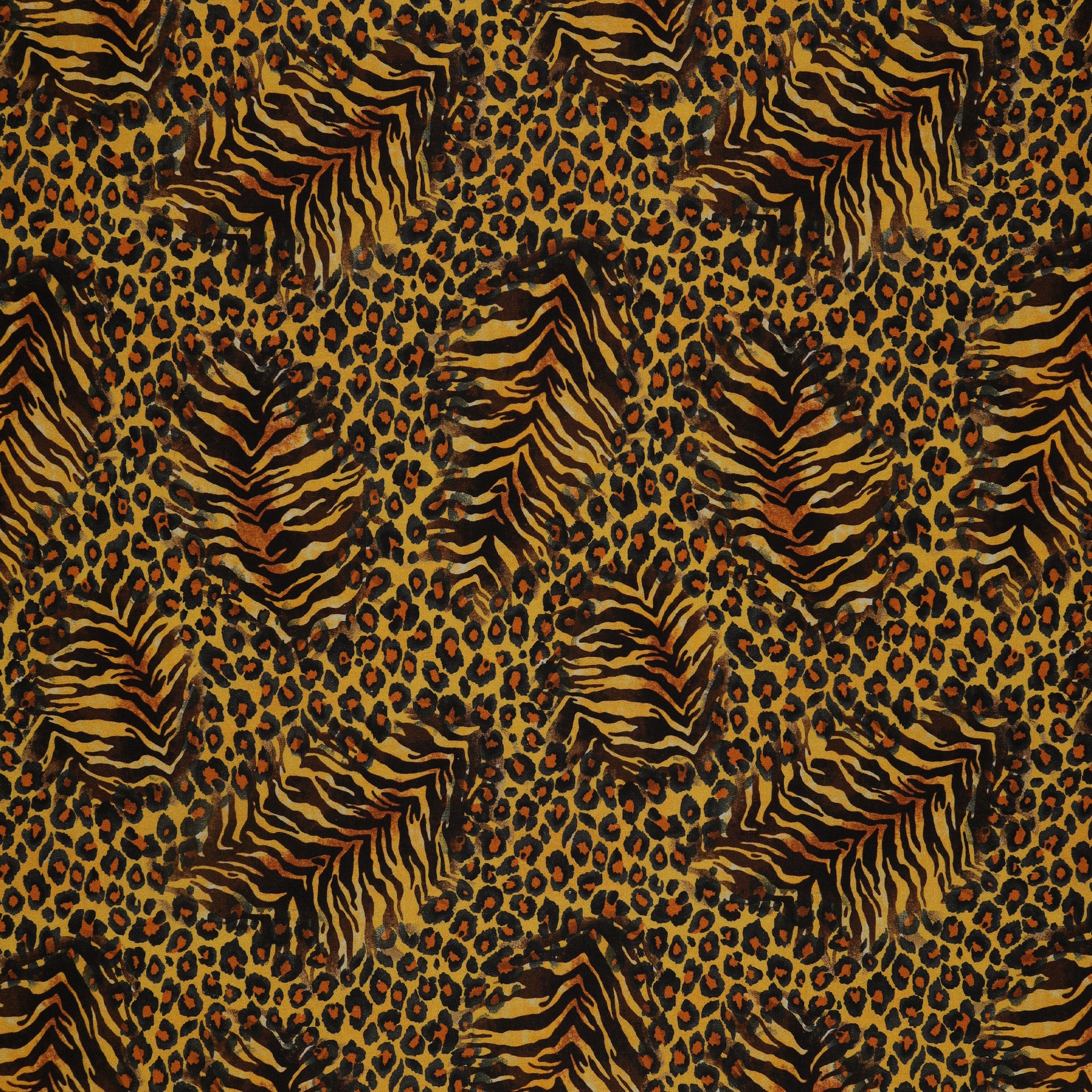 Grunge Gone Glam Fabric Collection - Spirit Animal Neutral Gold: seamless animal print pattern of leopard base with tiger stripes in black, brown, and golden yellow BX17342-30
