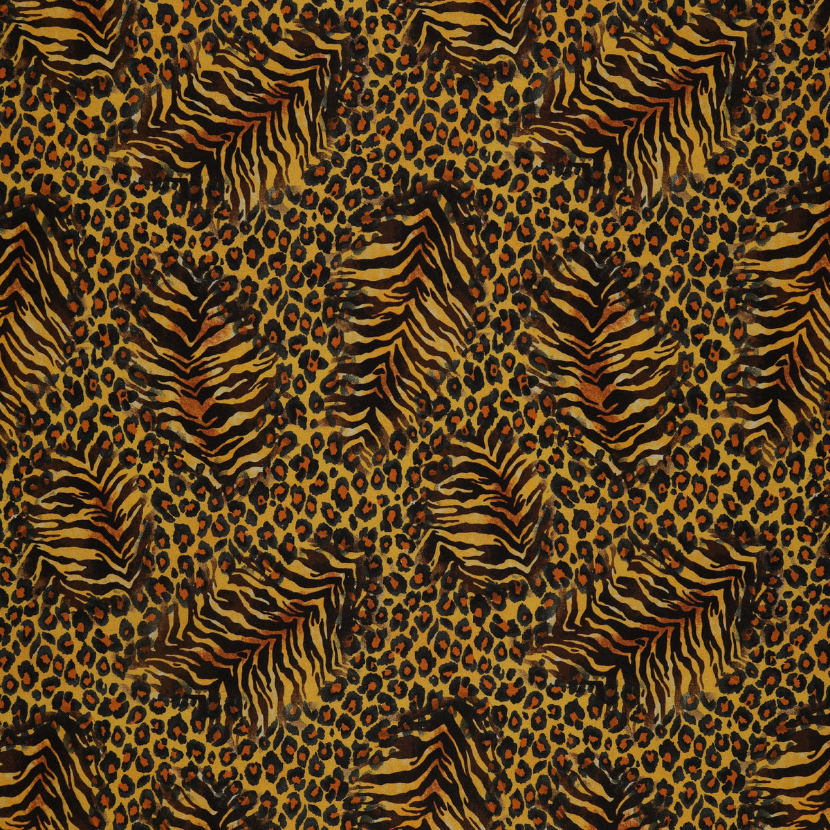 Grunge Gone Glam Fabric Collection - Spirit Animal Neutral Gold: seamless animal print pattern of leopard base with tiger stripes in black, brown, and golden yellow BX17342-30