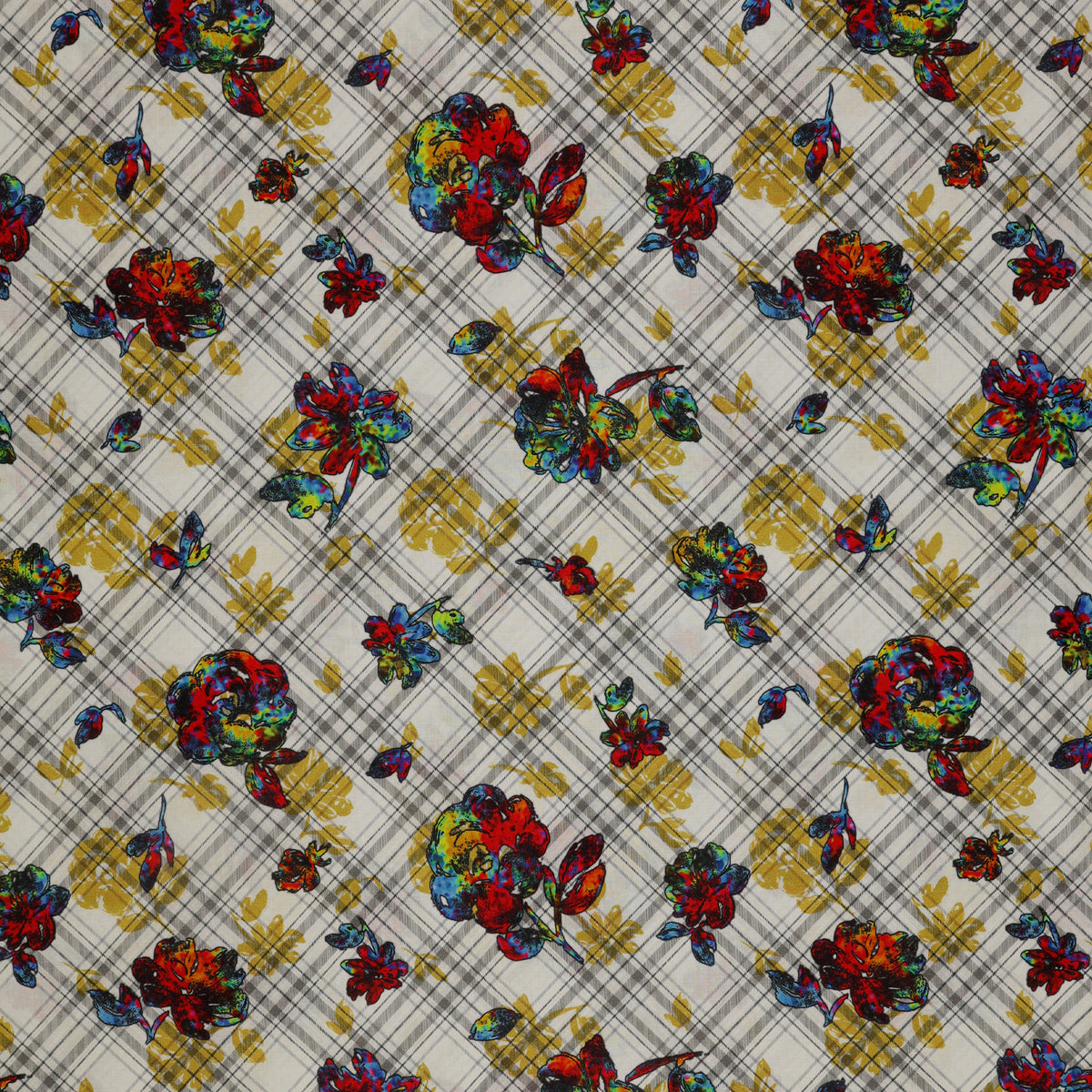 Grunge Gone Glam Fabric Collection - Forever Young Prism Plaid in Lawn: a multicolor floral print over a white and gray plaid background with yellow floral accents BX17343L-99