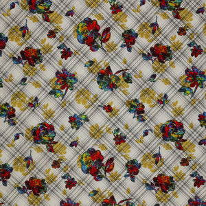 Grunge Gone Glam Fabric Collection - Forever Young Prism Plaid in Lawn: a multicolor floral print over a white and gray plaid background with yellow floral accents BX17343L-99