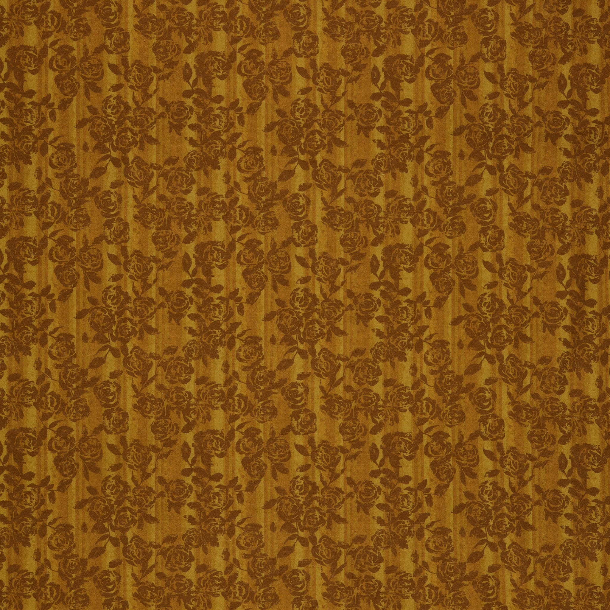 Grunge Gone Glam Fabric Collection - Gilded Garden Maize: Mustard yellow fabric with shaded brown rose clusters, leafy stems, and subtle vertical stripes BX17345-33