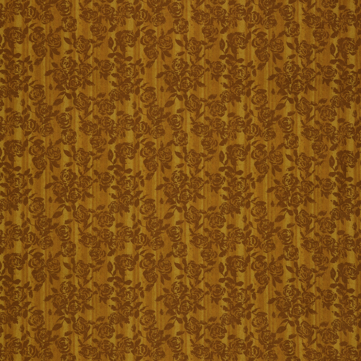 Grunge Gone Glam Fabric Collection - Gilded Garden Maize: Mustard yellow fabric with shaded brown rose clusters, leafy stems, and subtle vertical stripes BX17345-33