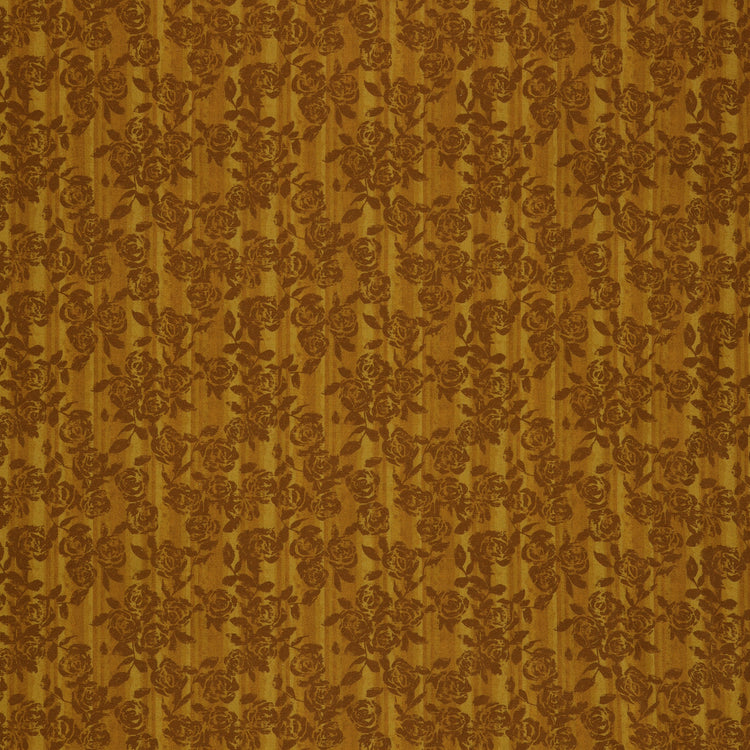 Grunge Gone Glam Fabric Collection - Gilded Garden Maize: Mustard yellow fabric with shaded brown rose clusters, leafy stems, and subtle vertical stripes BX17345-33