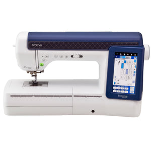 Brother BX1 with a white body, a dark blue top cover, and a blue side panel housing an illuminated touchscreen display, shown on a plain white background.