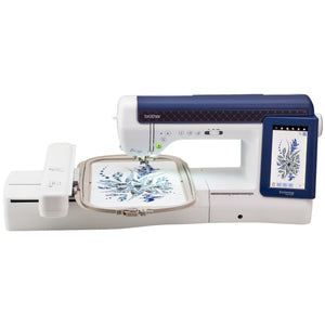 Brother BX1 embroidery machine with a navy blue and white body, featuring an embroidery hoop with a blue floral pattern and a digital display screen on the right, shown on a white background.