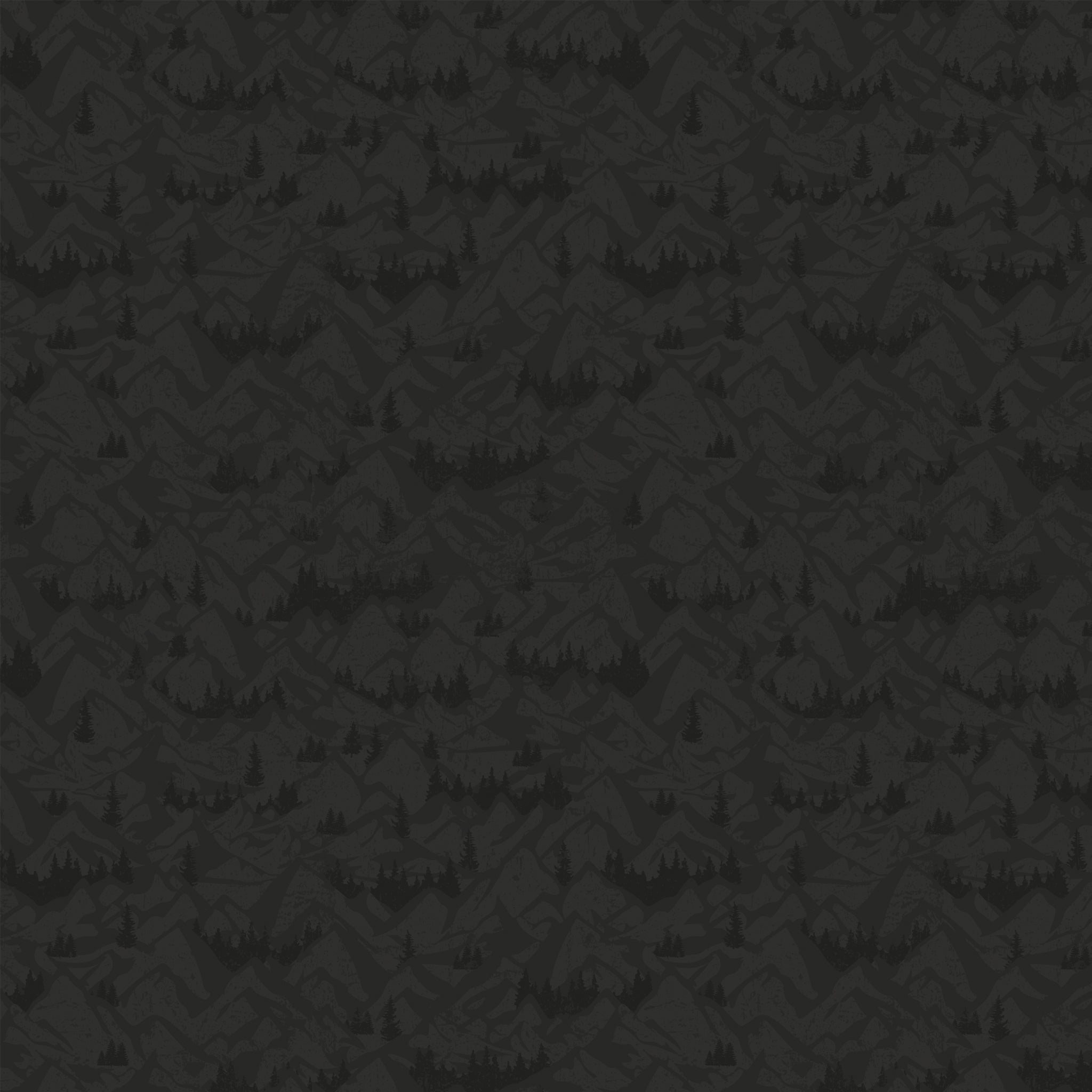 Charcoal fabric with tonal mountain ranges, valleys, and evergreen tree silhouettes