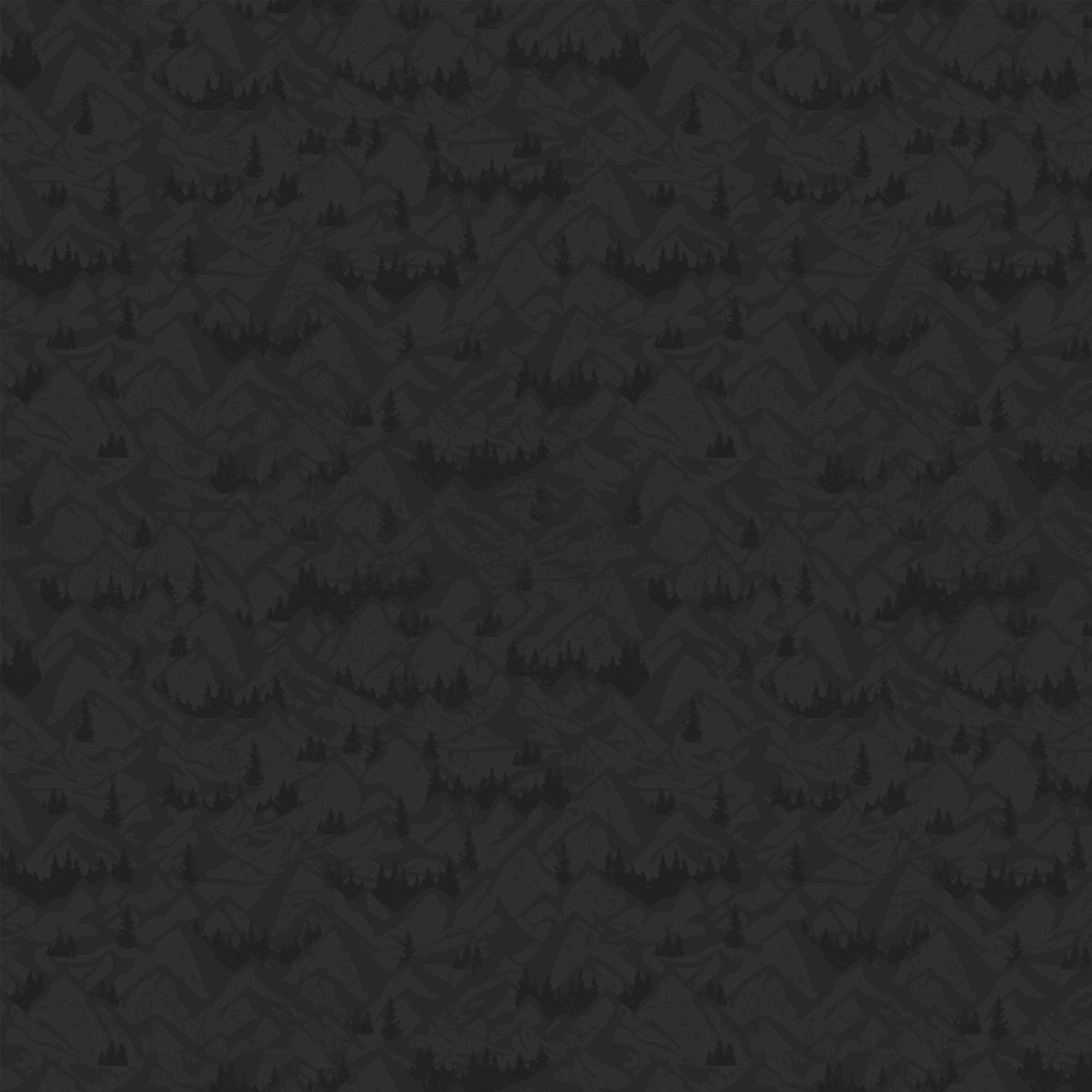 Charcoal fabric with tonal mountain ranges, valleys, and evergreen tree silhouettes