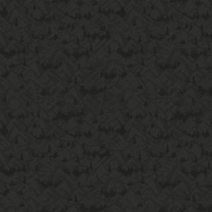 Charcoal fabric with tonal mountain ranges, valleys, and evergreen tree silhouettes