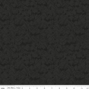 Charcoal fabric with tonal mountain ranges, valleys, and evergreen tree silhouettes with ruler for scale.