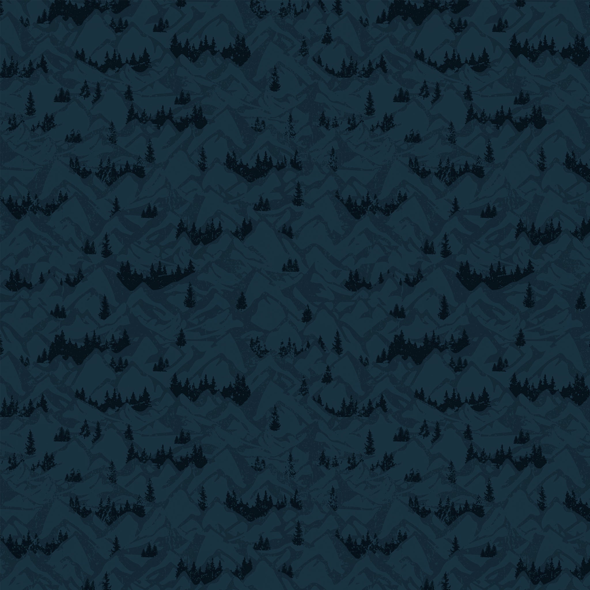 Navy blue fabric with layered mountain ranges and dark evergreen forest silhouettes.