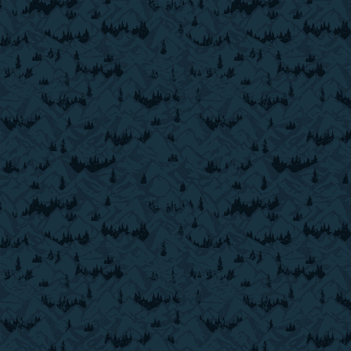Navy blue fabric with layered mountain ranges and dark evergreen forest silhouettes.